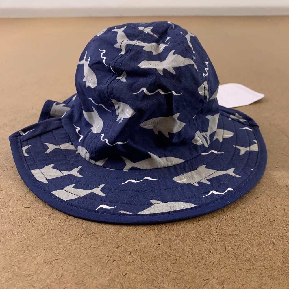 Pottery Barn Baby Size 3-12 Months Navy Shark Print Reversible Sun Hat NWT